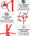 Diagram highlighting features of the 16 FT Heavy Duty Drywall Lift Hoist, including winch, 360° rotating cradle, and support hooks.