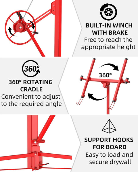 Diagram highlighting features of the 16 FT Heavy Duty Drywall Lift Hoist, including winch, 360° rotating cradle, and support hooks.
