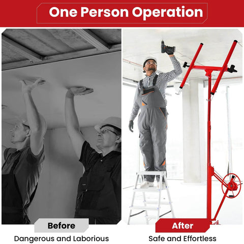 Comparison of manual ceiling lift versus 11 ft Drywall Lift Sheetrock Hoist with 360° Adjustable Lifter in red, demonstrating ease of use.