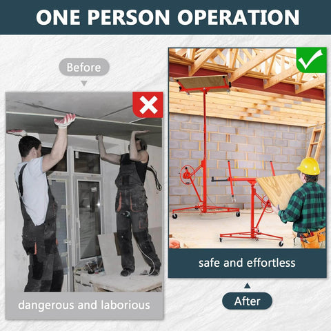 Comparison of manual ceiling drywall installation and the ✝️ Drywall Lift 11 FT for safe, effortless one-person operation.