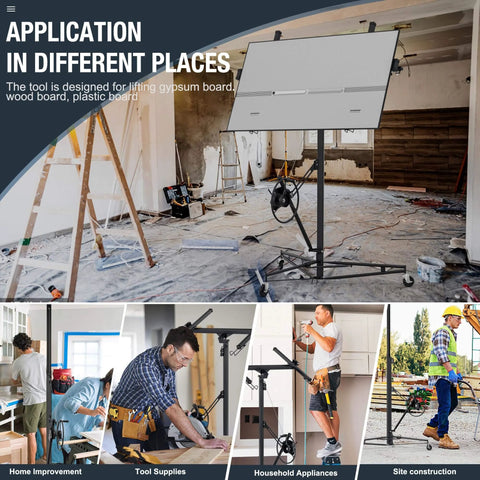 ✝️ 11 ft Drywall Lift,Drywall Rolling Lifter Panel,150 LBS Heavy Duty Sheetrock Lift Drywall Lifter in use at construction site
