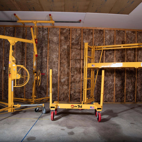 ✝️ Drywall Lift, The Original, Professional-Grade Sheetrock Hoist 138-2, 150 lbs, Rolling Panel Lift in warehouse setup