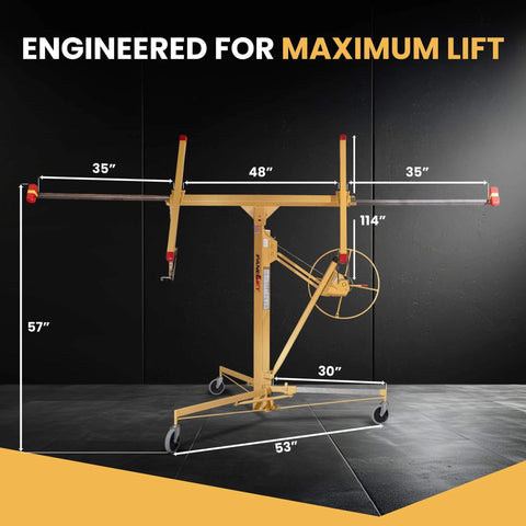 Front view of Drywall Lift, The Original, Professional-Grade Sheetrock Hoist 138-2, 150 lbs, Rolling Panel Lift with measurements