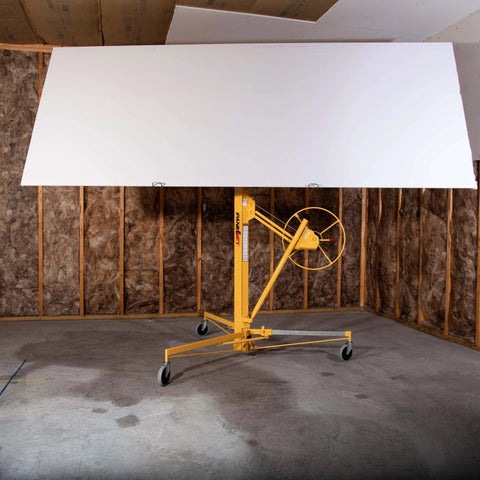 Drywall Lift, The Original, Professional-Grade Sheetrock Hoist 138-2, 150 lbs, Rolling Panel Lift, yellow frame, lifting wall panel