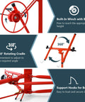 Features of Drywall Lift 11 FT, Drywall Jack Lift with built-in winch and 360° rotating cradle in red for home improvement.
