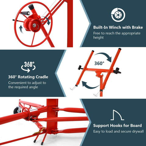 Features of Drywall Lift 11 FT, Drywall Jack Lift with built-in winch and 360° rotating cradle in red for home improvement.