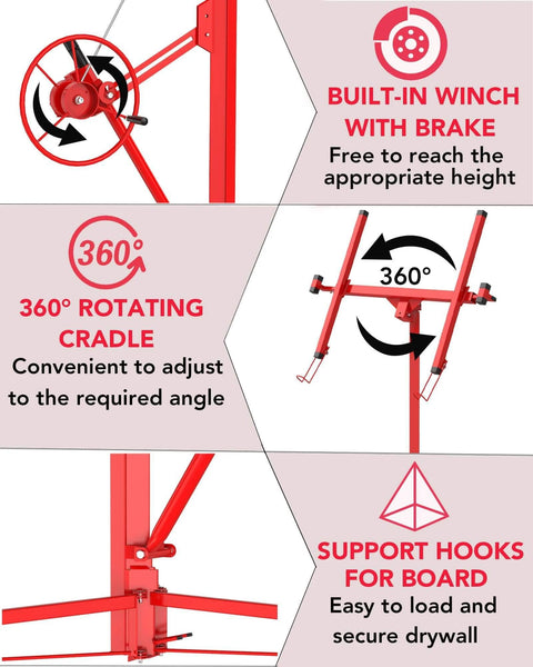 Diagram showing features of a red 16 ft Drywall Lift, Sheetrock Lift including built-in winch, 360° rotating cradle, and support hooks.