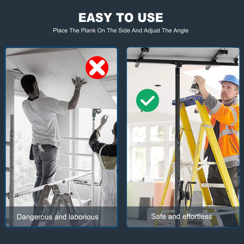 Comparison showing manual drywall lifting versus using ✝️ 11 ft Drywall Lift,Drywall Rolling Lifter Panel,150 LBS Heavy Duty Sheetrock Lift.