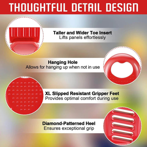 Close-up details of ✝️ 2 Pack Drywall Lift Tools, All Metal Sheetrock Lift showing toe insert, hanging hole, gripper feet, and heel pattern.