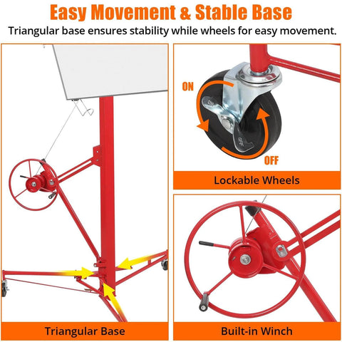 ✝️ 16 Ft. Drywall Lift, Drywall Rolling Lifter Panel showing lockable wheels, triangular base, and built-in winch for stability