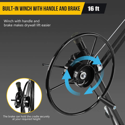 Close-up of winch handle and brake on Drywall Lift 16FT, 150lb Capacity Heavy Duty Sheetrock Hoist w/Telescopic Arm & Locking Wheels