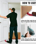 Man using a Drywall Panel Lifter, Door Hanging Tool in a door frame, showing installation process with instructions.