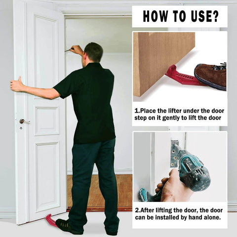 Man using a Drywall Panel Lifter, Door Hanging Tool in a door frame, showing installation process with instructions.