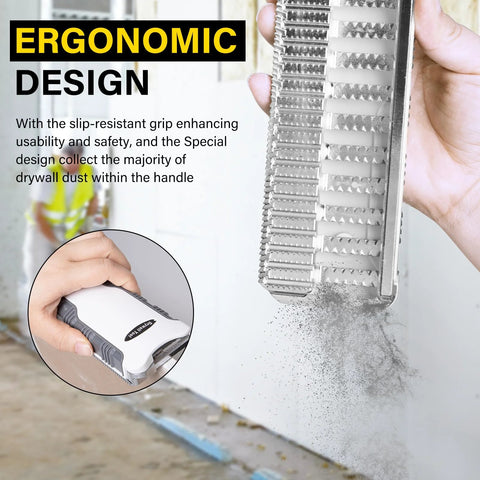 7 Inch Drywall Rasp With BiDirectional Teeth And In Handle Dust Collection, shown with ergonomic grip and dust release feature.