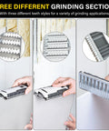 Three-section view of a 7-inch drywall rasp with bi-directional teeth, showing in-handle dust collection and precise edge work.