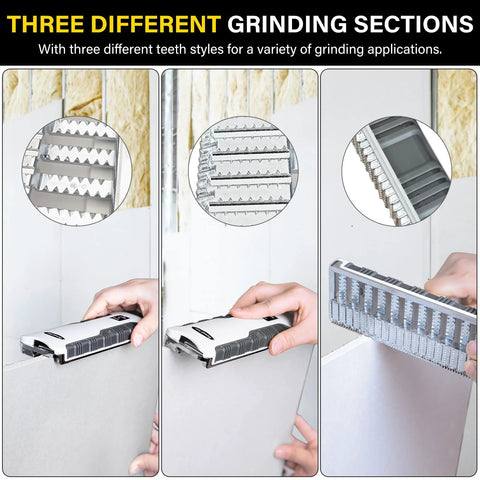 Three-section view of a 7-inch drywall rasp with bi-directional teeth, showing in-handle dust collection and precise edge work.