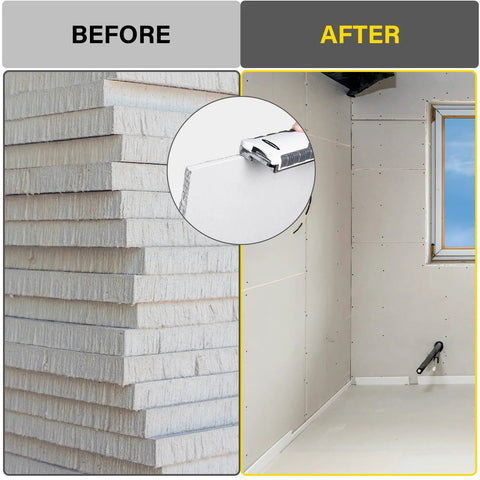 Before and after use of 7 Inch Drywall Rasp With BiDirectional Teeth And In Handle Dust Collection on sheetrock panels in room.