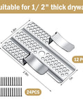 12 Pack Drywall Repair Clips 1/2 Inch Stainless Steel Patch Clips With 24 Screws For Damaged Walls DIY Quick Fix And Heavy Duty Patch; close-up view, dimensions and screws shown.