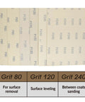 Six sandpaper sheets in grits 80, 120, 240 for Drywall Corner Sander Kit With Two Sided Pad And Six Sandpapers Included.