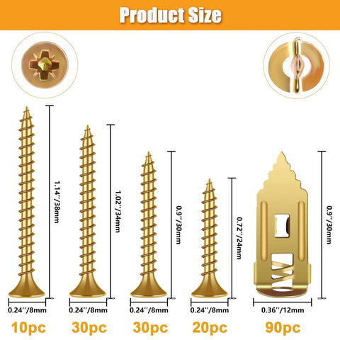 180 pcs self drilling drywall anchors and screws kit with 90 metal anchors and 90 screws size chart
