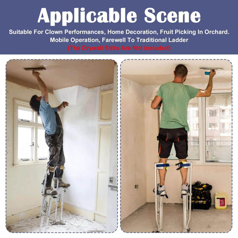 People using ✝️ 2 PCS Drywall Stilt Replacement Part, Aluminium Alloy Stilt Accessories Curved plate for fixing legs Drywall Stilts Replacement Parts for Plastering, demonstrating home improvement and wiring tasks inside a room.