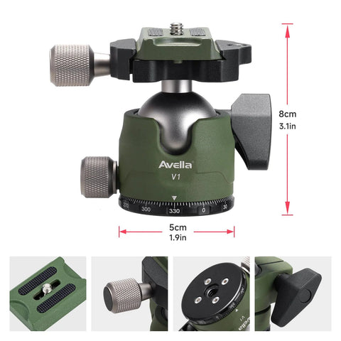 Green DSLR Camera Tripod Ball Head 38mm With 360 Degree Swivel U Shaped Groove Design Three Knobs Three Eighths Inch Bottom Thread