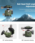 DSLR Camera Tripod Ball Head 38mm with 360 Degree Swivel U Shaped Groove Design; shown with multi-angle shooting capabilities.