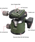 DSLR Camera Tripod Ball Head 38mm With 360 Degree Swivel U Shaped Groove Design Three Knobs, green finish, for Canon Nikon Sony Olympus