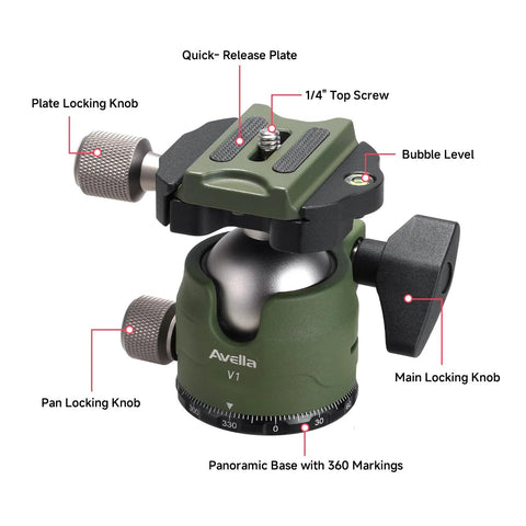 DSLR Camera Tripod Ball Head 38mm With 360 Degree Swivel U Shaped Groove Design Three Knobs, green finish, for Canon Nikon Sony Olympus