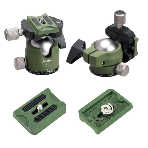 Green DSLR Camera Tripod Ball Head 38mm With 360 Degree Swivel U Shaped Groove Design Three Knobs Quick Shoe Plate