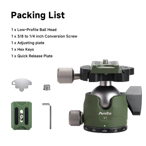 DSLR Camera Tripod Ball Head 38mm With 360 Degree Swivel U Shaped Groove Design shown with accessories and packing list