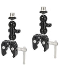 Dual 360 Degree Mini Ball Head Microphone Clamp Set With 5/8-27 Mic Screw Mounts, side view showing aluminum alloy and stainless steel construction.