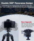 360 Degree Ball Head Tripod Mount With Dual Panoramic Rotation For DSLR Mirrorless And Sports Cameras CNC Aluminum Alloy Construction 10Kg Load Capacity Independent Locking Knobs Quick Release Plate Model 61038 showing double 360° panorama design and locking knobs.