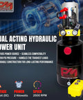 Dual acting hydraulic power unit with Primary Mover branding and 12V compatibility, shown with pressure and voltage specifications.