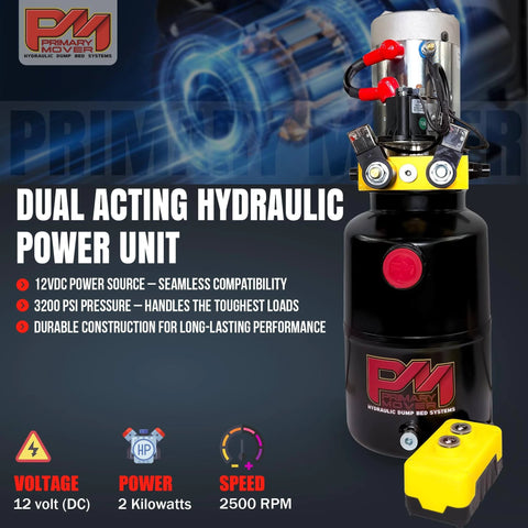 Dual acting hydraulic power unit with Primary Mover branding and 12V compatibility, shown with pressure and voltage specifications.
