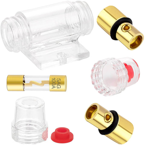 Dual Fuse Holder Kit With 100A AGU Fuses, In Line Car Audio Fuse Block For 4-8 AWG Wire, gold plated terminals, clear body