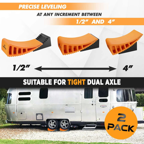 Pro Grade Camper Leveler Kit With Curved RV Levelers Wheel Chocks Rubber Mats And Carry Bag For Tight Dual Axle Trailers Faster RV Leveling System Than Blocks Includes Patented Anti Slip Jointing For Secure Leveling showing curved leveler options for tight dual axle.