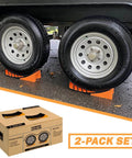 Camper Leveler 2 Pack Kit with curved RV levelers and trailer wheel chocks for dual axle trailers under wheels
