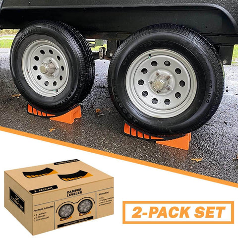 Camper Leveler 2 Pack Kit with curved RV levelers and trailer wheel chocks for dual axle trailers under wheels