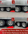 Rugged Five And A Half Inch Lift Trailer Ramp For Quick Tire Changes On Dual Axle Trailers, red ramp installed under trailer wheel.