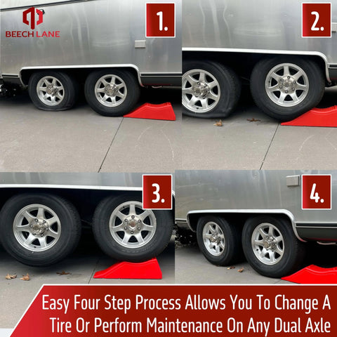 Rugged Five And A Half Inch Lift Trailer Ramp For Quick Tire Changes On Dual Axle Trailers, red ramp installed under trailer wheel.
