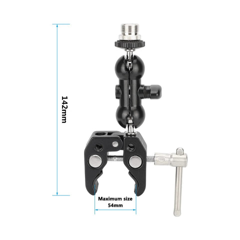 Dual 360 Degree Mini Ball Head Microphone Clamp Set With 5/8-27 Mic Screw Mounts, black aluminum and steel clamp, 0.4 to 2 inch range.