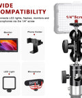 Image displaying wide compatibility of the Two Pack Light Stand Mount Adapter With Double Ball Head for monitors, lights, and microphones.