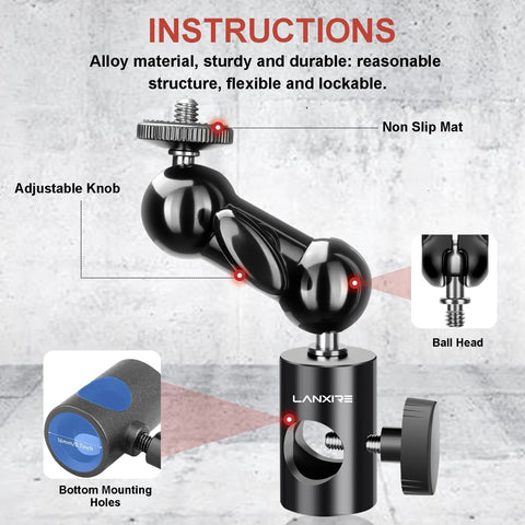 Diagram of Two Pack Light Stand Mount Adapter With Double Ball Head, showing non-slip mat, adjustable knob, and bottom mounting holes.