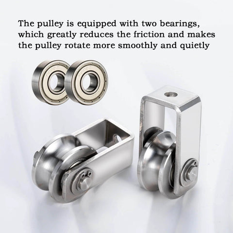 Dual-bearing cable pulley wheel set for rope systems, wall or ceiling mounted, quiet operation using two 608 bearings shown in close-up