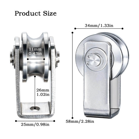 Dual-bearing cable pulley wheel set for rope systems, wall or ceiling mounted, quiet operation using two 608 bearings, stainless steel construction