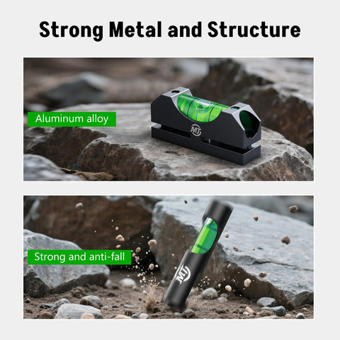 Dual Bubble Scope Leveling Kit From MidTen With Magnetic Level For Anti Cant Precision Scope Calibration On Standard Picatinny Rails Black shown outdoors on rocks