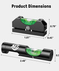 Image showing dimensions of Dual Bubble Scope Leveling Kit From MidTen With Magnetic Level For Anti Cant Precision Scope Calibration On Standard Picatinny Rails Black Built To Help You Level Your Rifle Scope Fast And Stay Hundred Percent Accurate In The Field, featuring one rectangular and one cylindrical level.