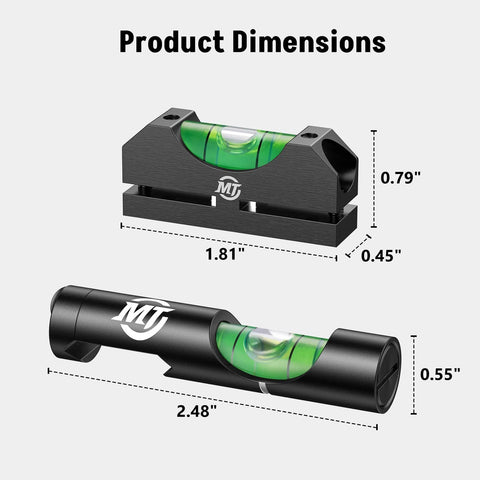 Image showing dimensions of Dual Bubble Scope Leveling Kit From MidTen With Magnetic Level For Anti Cant Precision Scope Calibration On Standard Picatinny Rails Black Built To Help You Level Your Rifle Scope Fast And Stay Hundred Percent Accurate In The Field, featuring one rectangular and one cylindrical level.