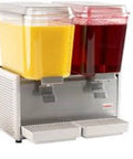 Cold beverage dispenser with two containers, one yellow and one red drink. Bearing Sleeve Pack Of 12 For Bubbler Type Cold Beverage Dispensers Replacement Part Replaces 3220 Fits D15 D25 D35 E29 E49 For Easy Maintenance And Smooth Reliable Dispensing needed for replacement.